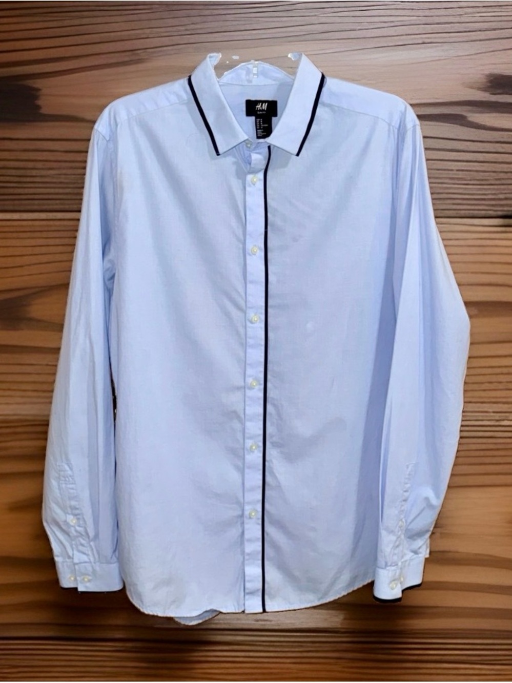 H&M Pale Blue Long-Sleeve Button Down Casual Shirt w/Navy Trim-Slim-M-EC